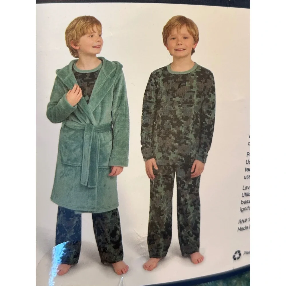 NWT Lands End Youth 3-Piece Sleep Set Hooded Robe Pajama Green Camo S 7/8 Fleece